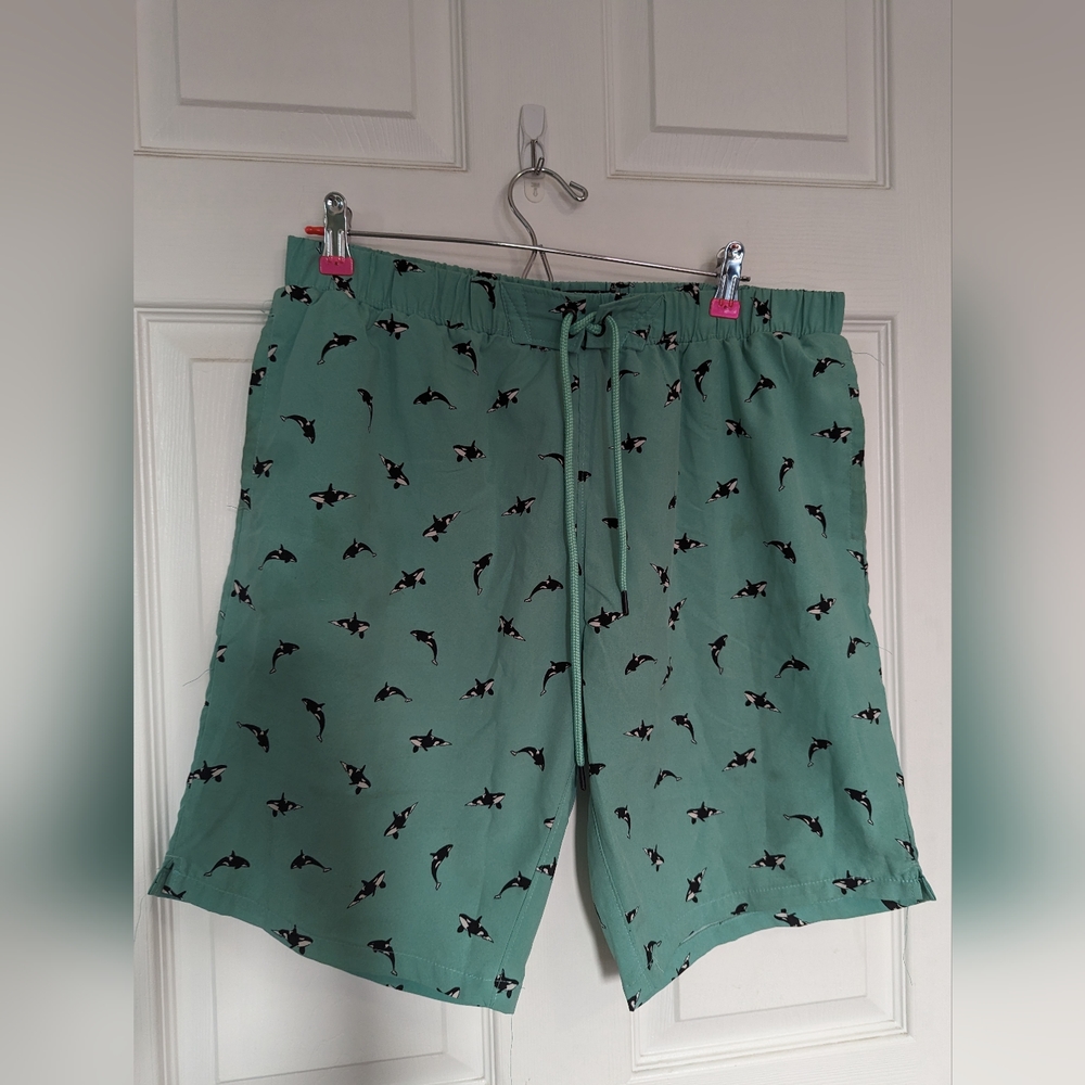 Men's Green Swim Trunks with Killer Whale Print - Large
